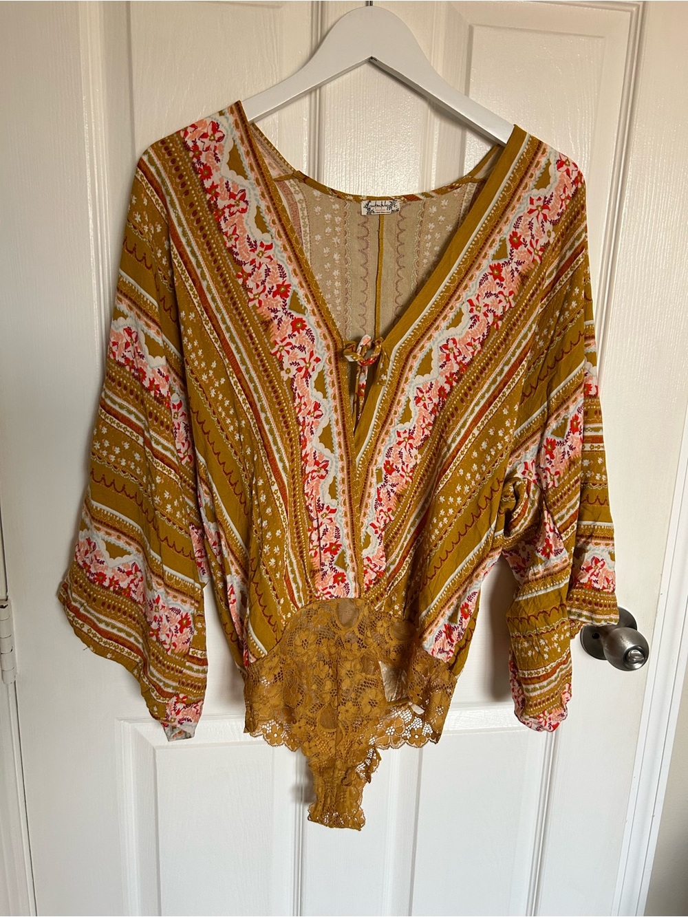 Free People Mustard Pink White Floral Lace-Trim V-Neck Bodysuit